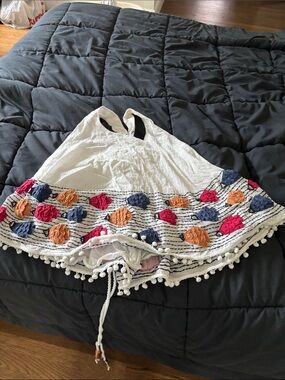 Anthropologie White Halter Tank with Navy, Orange & Pink Pom Trim
